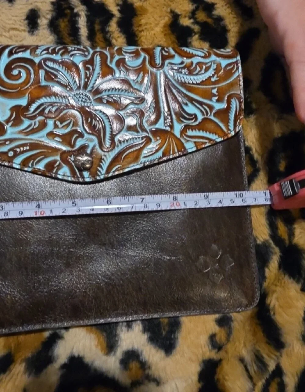 Patricia Nash Brown Leather Clutch with Turquoise Tooled Flap